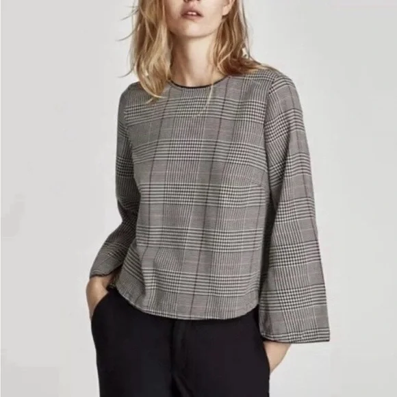 Zara Basic plaid zip grey blouse top with faux leather trim inside Size XS - Picture 1 of 6